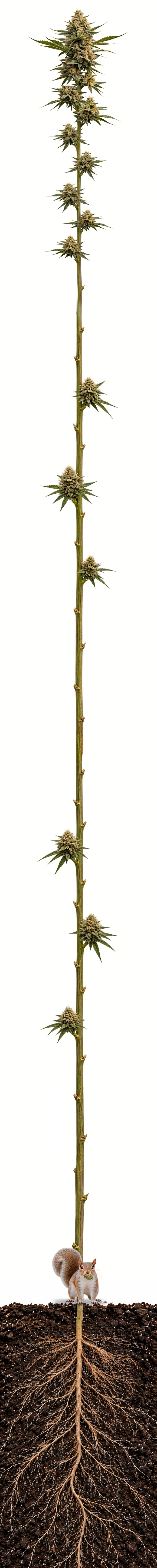 A continuous cannabis plant shown from flower through stalk to roots